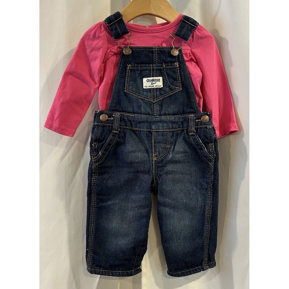 Oshkosh Girls 6 Months Blue‎ Denim Overalls Fleece Lined Pink Bibs